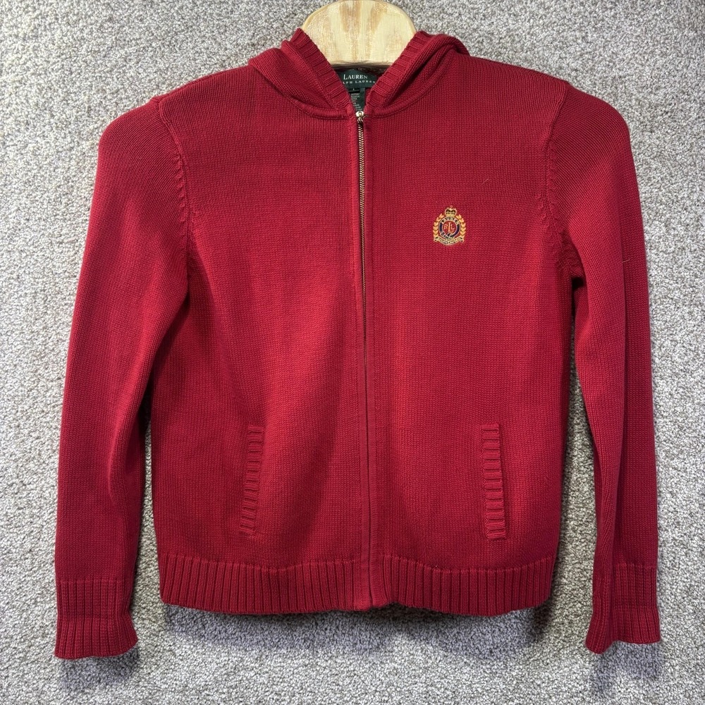 Lauren Ralph Lauren Sweater Womens‎ Large Red Hooded Full Zip Knit Logo Crest
